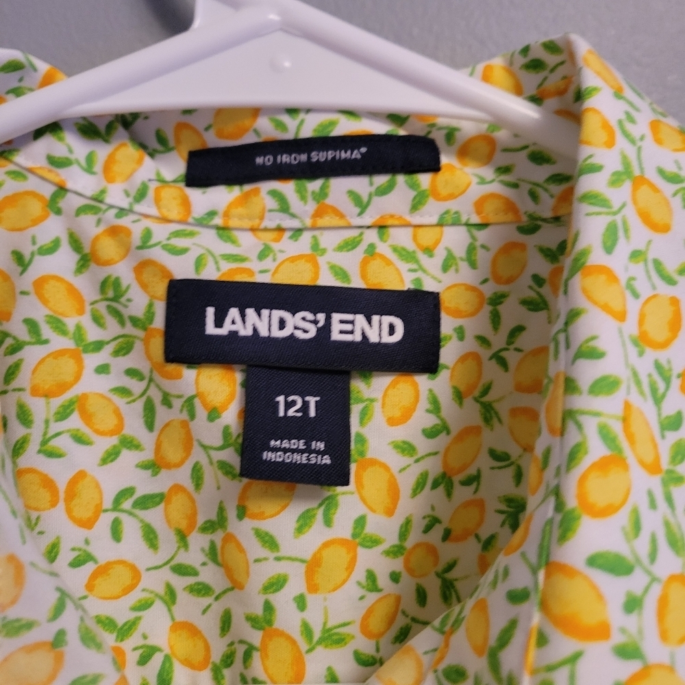 Lands' End Lemon Print Blouse Large 100% Cotton Coastal Summer Button Up - Picture 4 of 6
